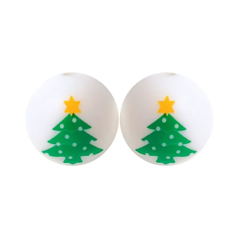 15mm Christmas Tree Printed Silicone Bead for DIY Bracelet Keychains