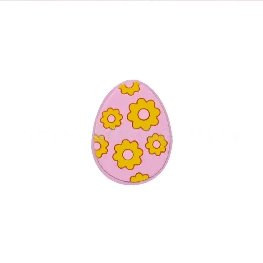 Set of 6 Easter egg silicone flatback focal beads decorated with yellow daisy flowers in white, mint, teal, purple, light pink, and hot pink colorways. - Light Pink