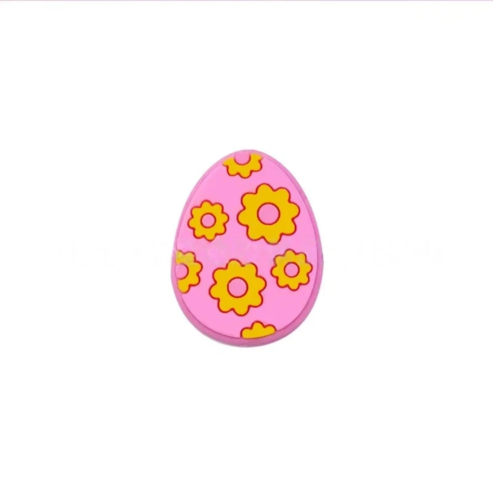 Set of 6 Easter egg silicone flatback focal beads decorated with yellow daisy flowers in white, mint, teal, purple, light pink, and hot pink colorways. - Pink