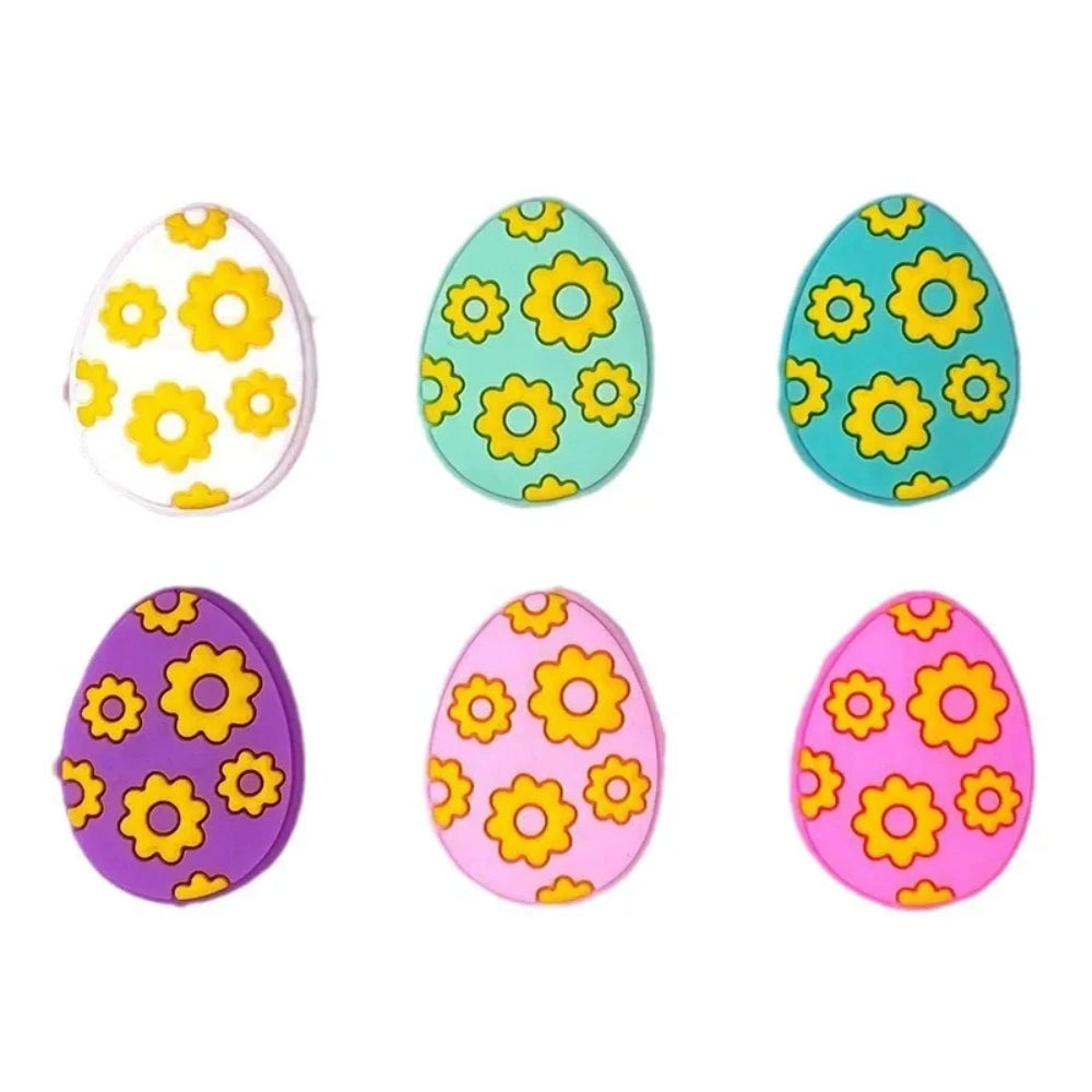 Set of 6 Easter egg silicone flatback focal beads decorated with yellow daisy flowers in white, mint, teal, purple, light pink, and hot pink colorways. - Random Mixed
