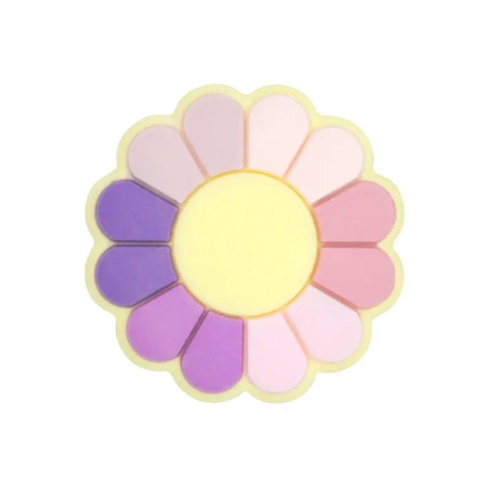 Assorted rainbow multi-color pinwheel flower silicone focal flatback beads with cream center, shown in multiple color combinations on white background. - 1