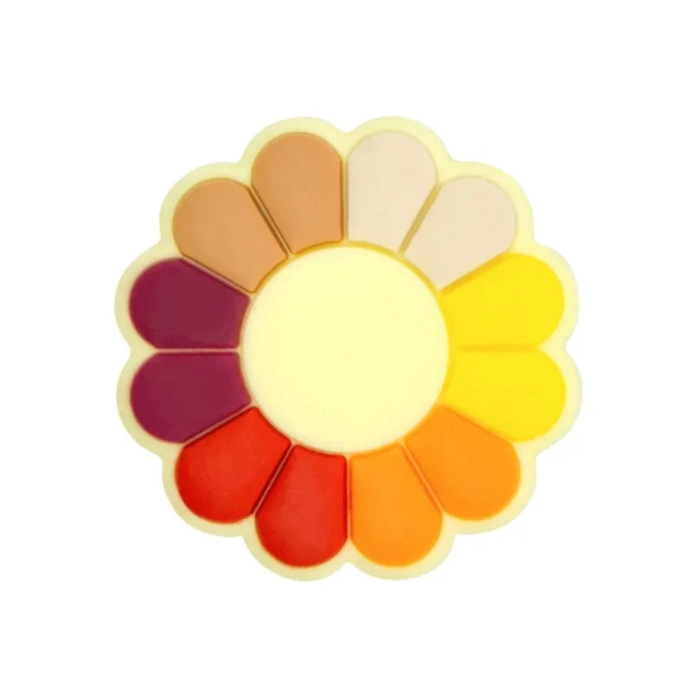 Assorted rainbow multi-color pinwheel flower silicone focal flatback beads with cream center, shown in multiple color combinations on white background. - 2