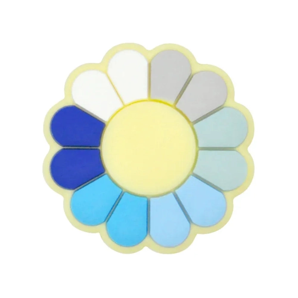 Assorted rainbow multi-color pinwheel flower silicone focal flatback beads with cream center, shown in multiple color combinations on white background. - 3