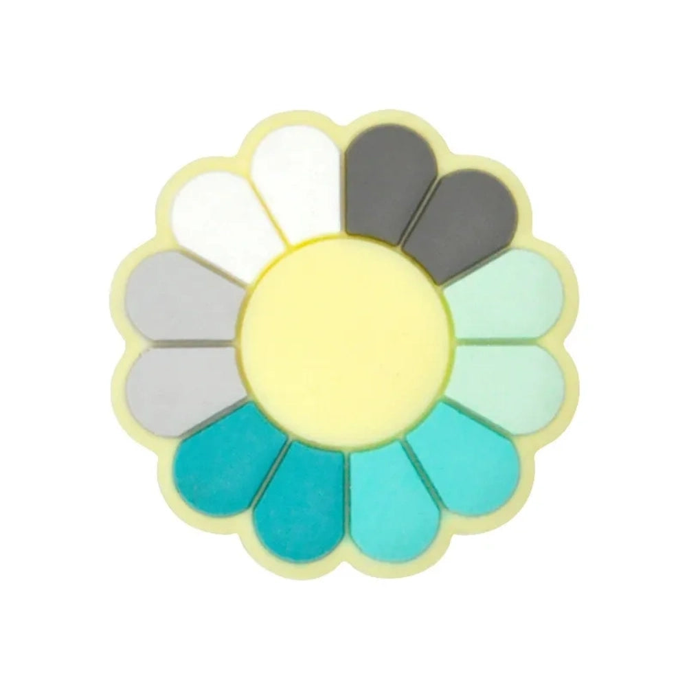 Assorted rainbow multi-color pinwheel flower silicone focal flatback beads with cream center, shown in multiple color combinations on white background. - 4