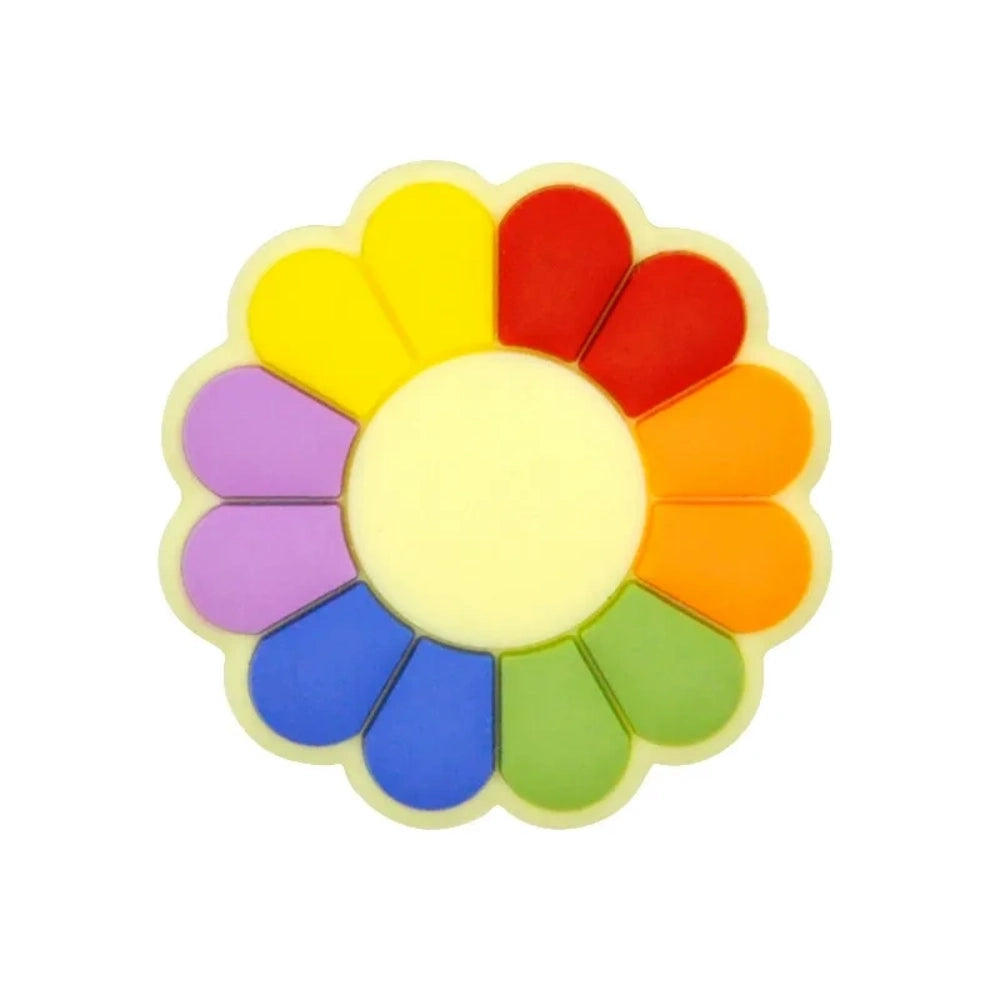 Assorted rainbow multi-color pinwheel flower silicone focal flatback beads with cream center, shown in multiple color combinations on white background. - 5