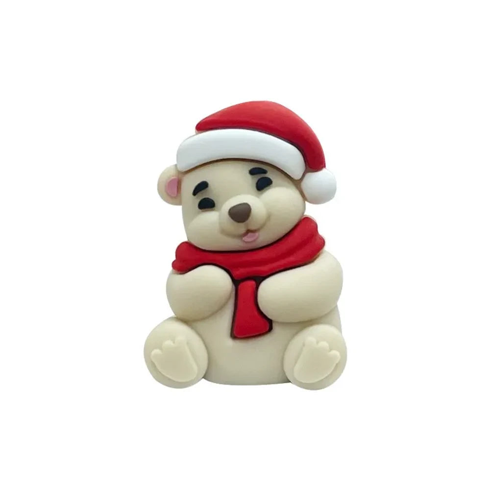 3D Christmas Santa Bear silicone focal beads in tan and brown colors wearing red Santa hats and scarves, displayed on white clay surface with pink background - Creamy White