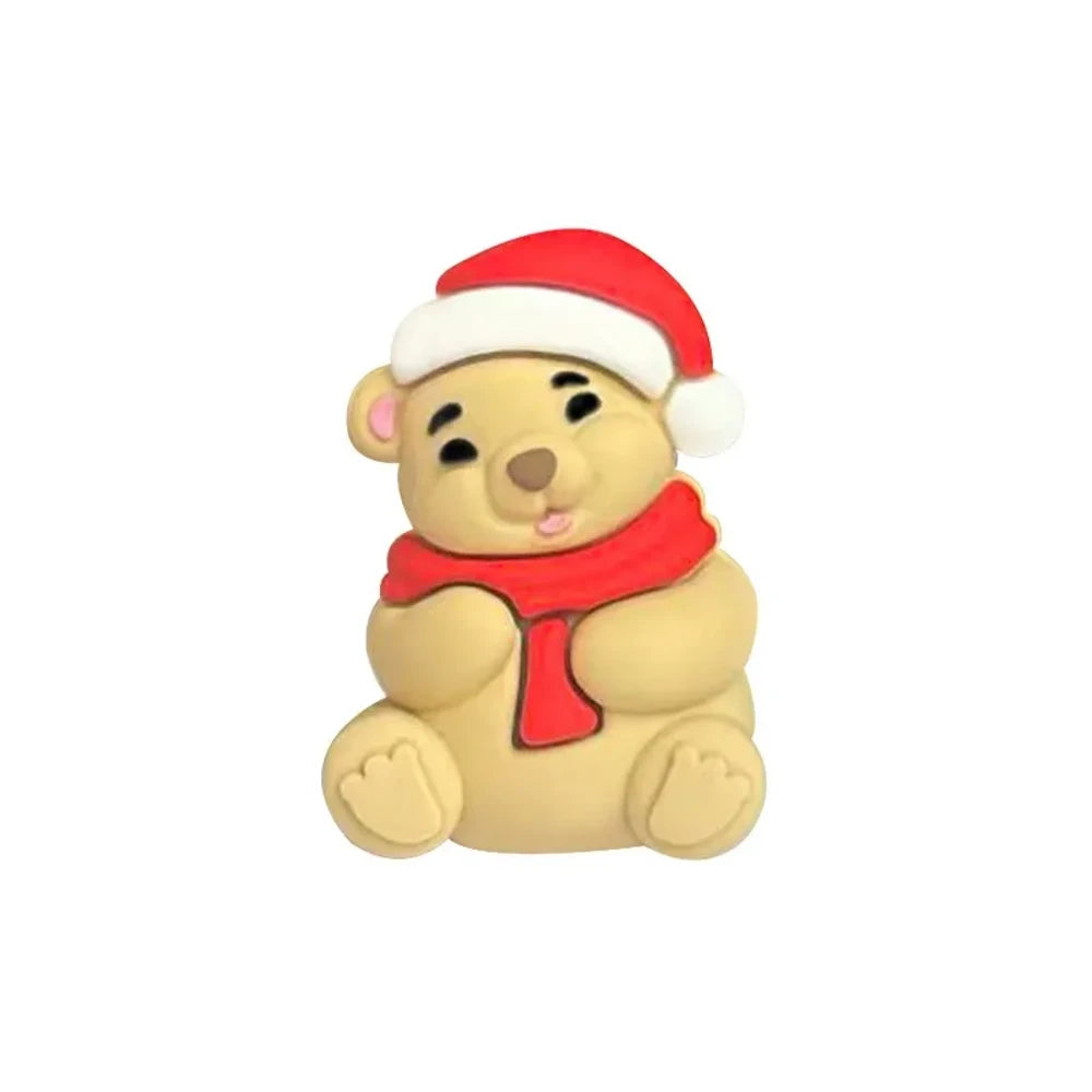 3D Christmas Santa Bear silicone focal beads in tan and brown colors wearing red Santa hats and scarves, displayed on white clay surface with pink background - Light Brown