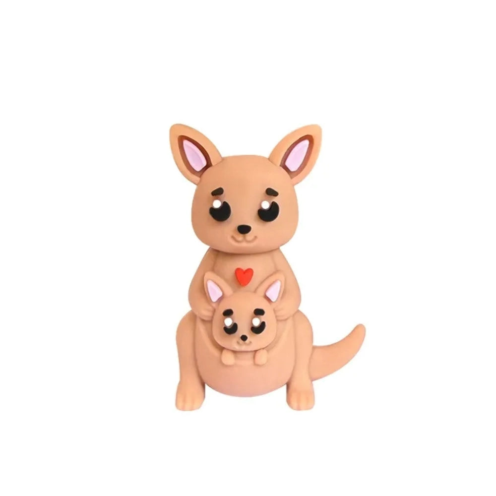 Set of 6 cute 3D kangaroo mother and joey silicone focal beads in gray, pink, tan, and dark gray colorways, displayed on a wooden tray with pink background. - Camel