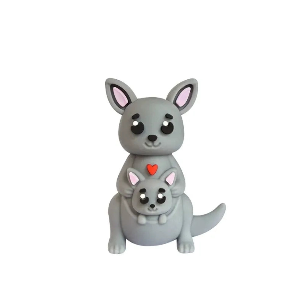 Set of 6 cute 3D kangaroo mother and joey silicone focal beads in gray, pink, tan, and dark gray colorways, displayed on a wooden tray with pink background. - Dark Gray