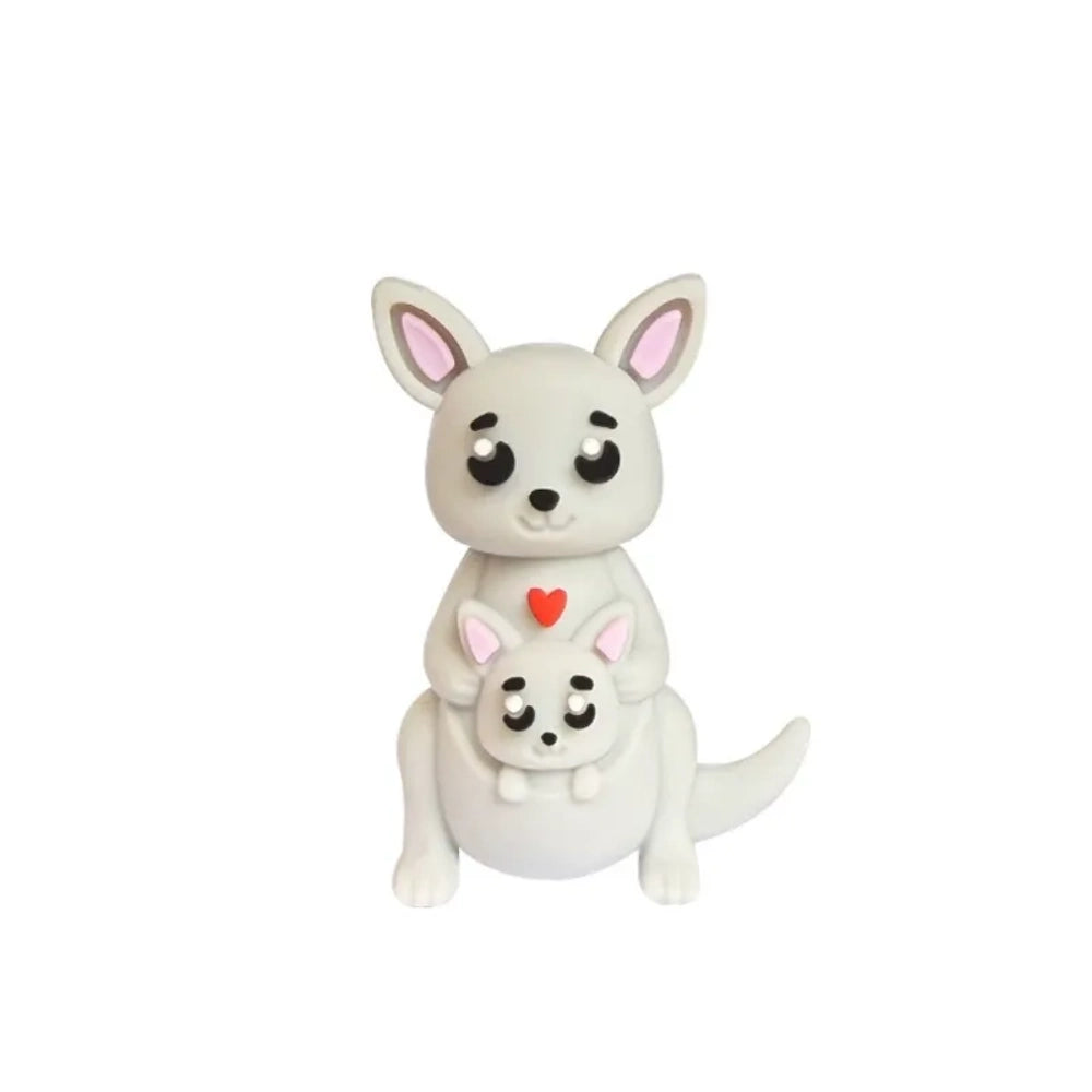 Set of 6 cute 3D kangaroo mother and joey silicone focal beads in gray, pink, tan, and dark gray colorways, displayed on a wooden tray with pink background. - Light Gray