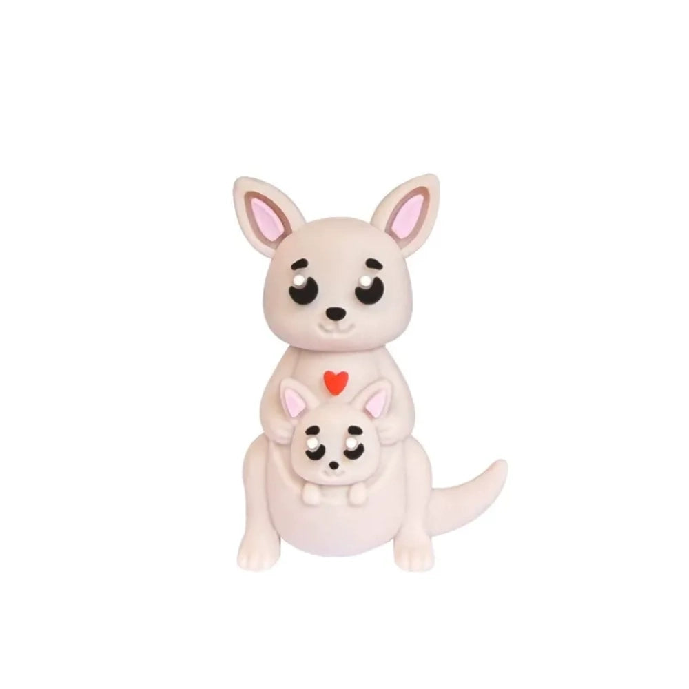 Set of 6 cute 3D kangaroo mother and joey silicone focal beads in gray, pink, tan, and dark gray colorways, displayed on a wooden tray with pink background. - Light Gray Purple
