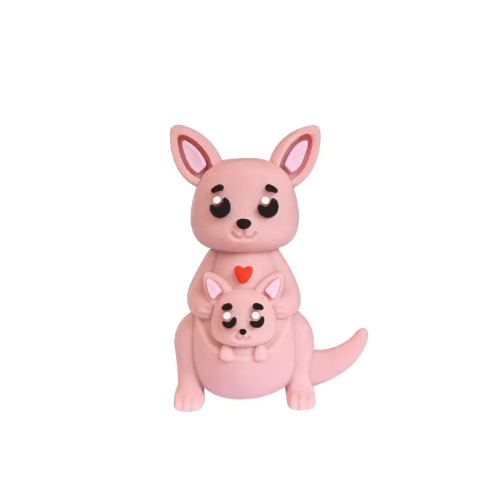 Set of 6 cute 3D kangaroo mother and joey silicone focal beads in gray, pink, tan, and dark gray colorways, displayed on a wooden tray with pink background. - Pink