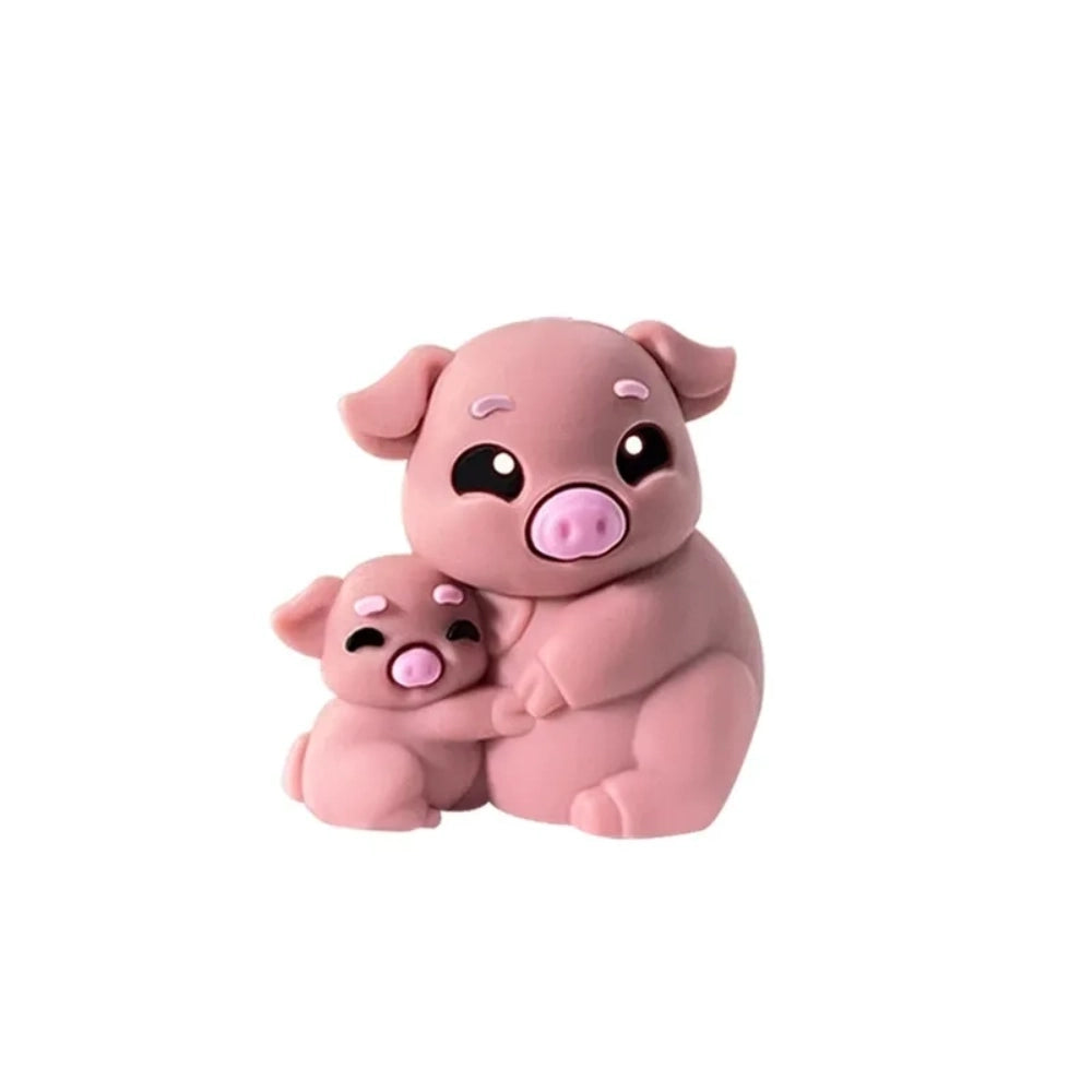 Cute 3D silicone focal beads shaped like a mama pig hugging a baby piglet, shown in light pink and mauve colorways, front and back views displayed on a white pedestal with pink background. - Light Pink
