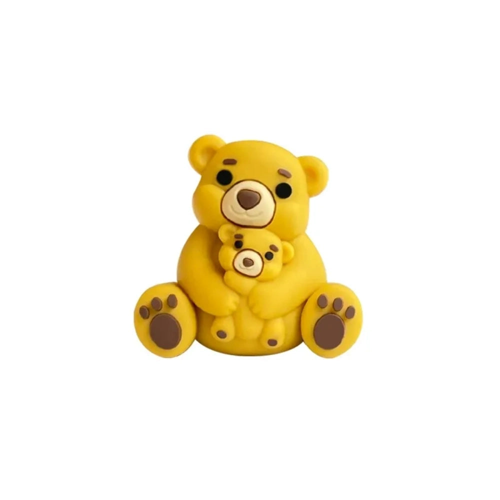 Six colorful 3D silicone focal beads shaped like a mama bear hugging a baby bear, available in gray, brown, yellow, pink, dusty pink, and blue, displayed on a white pedestal with a pink background. - 4