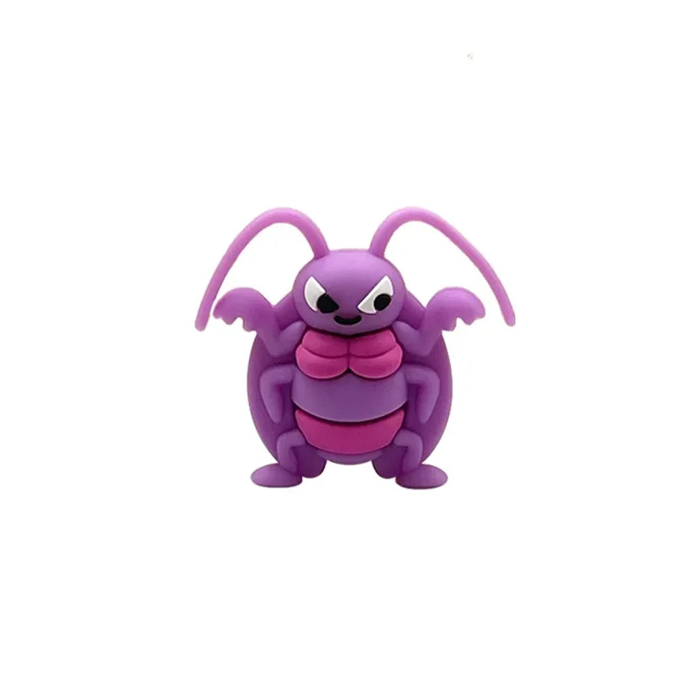 Six cartoon angry cockroach silicone focal beads in brown, blue, and purple displayed on a miniature white wooden bench against a yellow background. - Purple