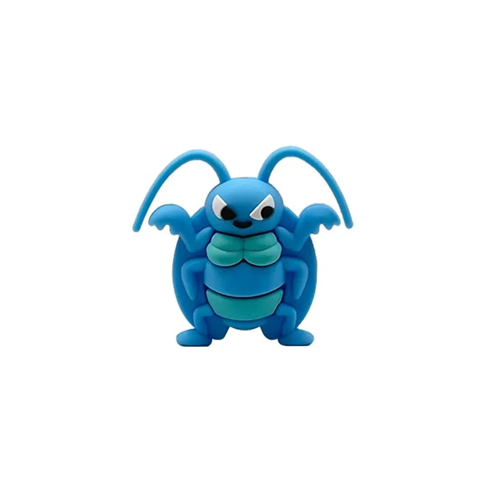 Six cartoon angry cockroach silicone focal beads in brown, blue, and purple displayed on a miniature white wooden bench against a yellow background. - Sky Blue