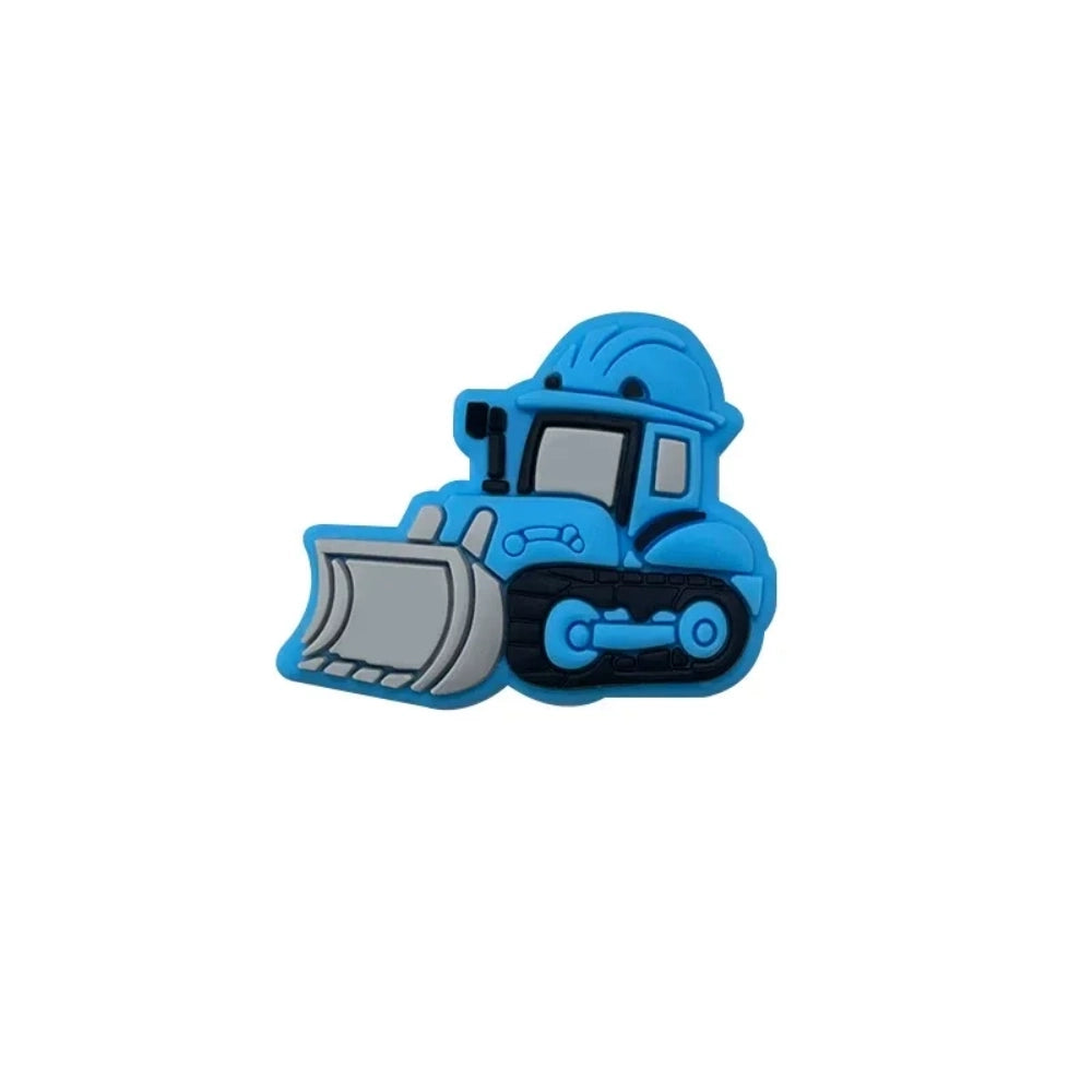 Five colorful silicone bulldozer construction truck focal beads in yellow, dark yellow, orange, blue, and mint green displayed on a white round platform - Blue