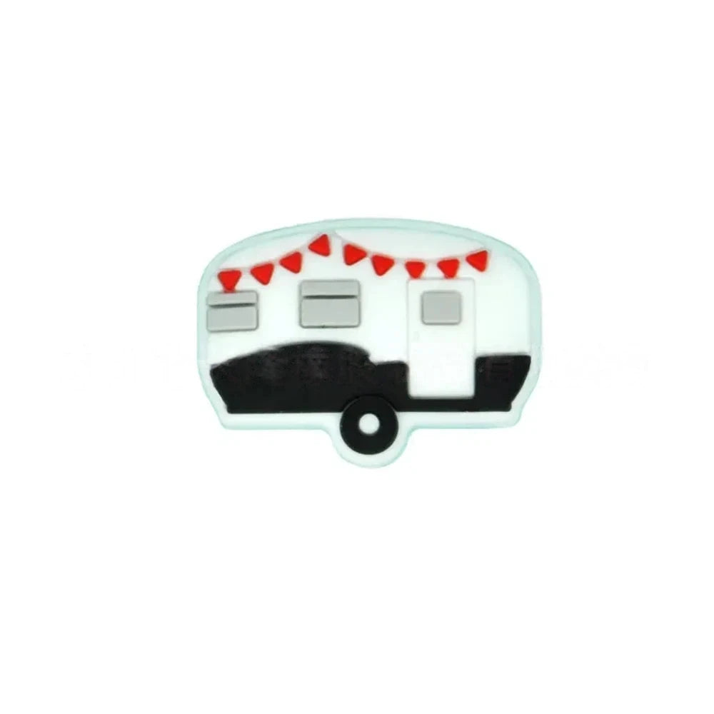 Four silicone camper trailer flatback focal beads in red, black, teal, and pink with bunting flag details on a teal background - Black
