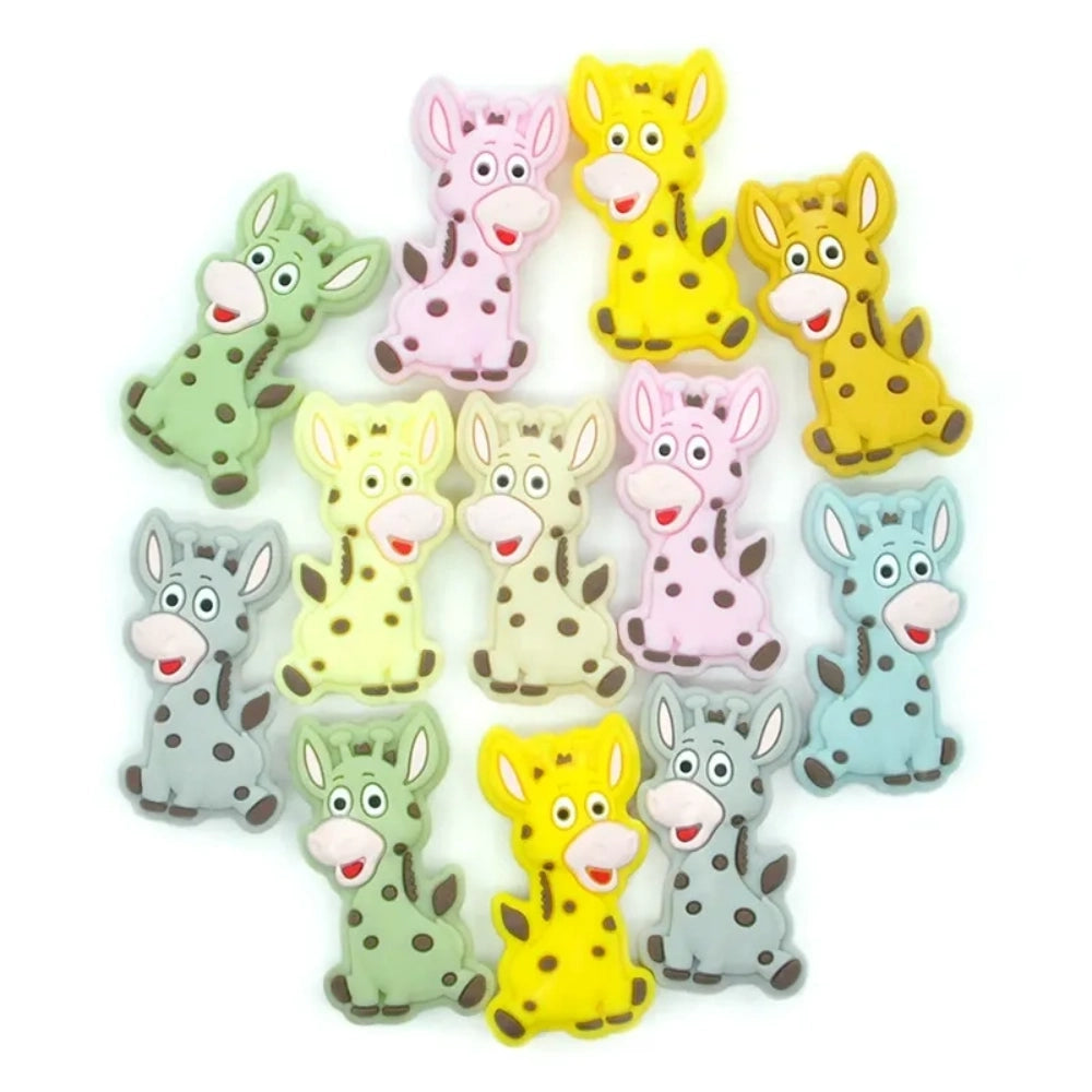 Assorted color cartoon donkey silicone focal beads with brown spots, shown in multiple pastel and bright colors including green, yellow, pink, gray, and blue on white background. - Random Mixed