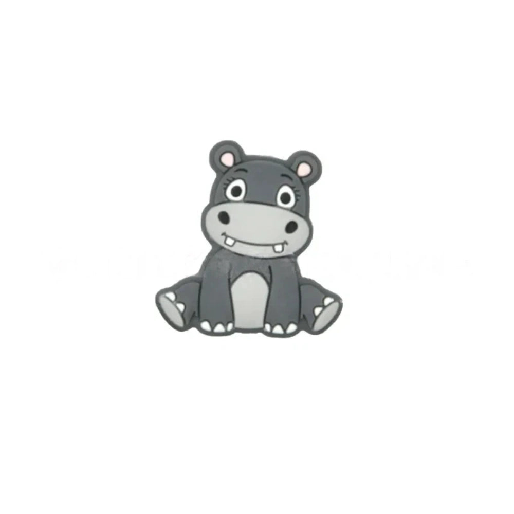 Six cartoon hippo silicone focal beads in blue, mint green, purple, dark gray, light gray, and pink, shown in a 2x3 grid on white background. - Dark Gray