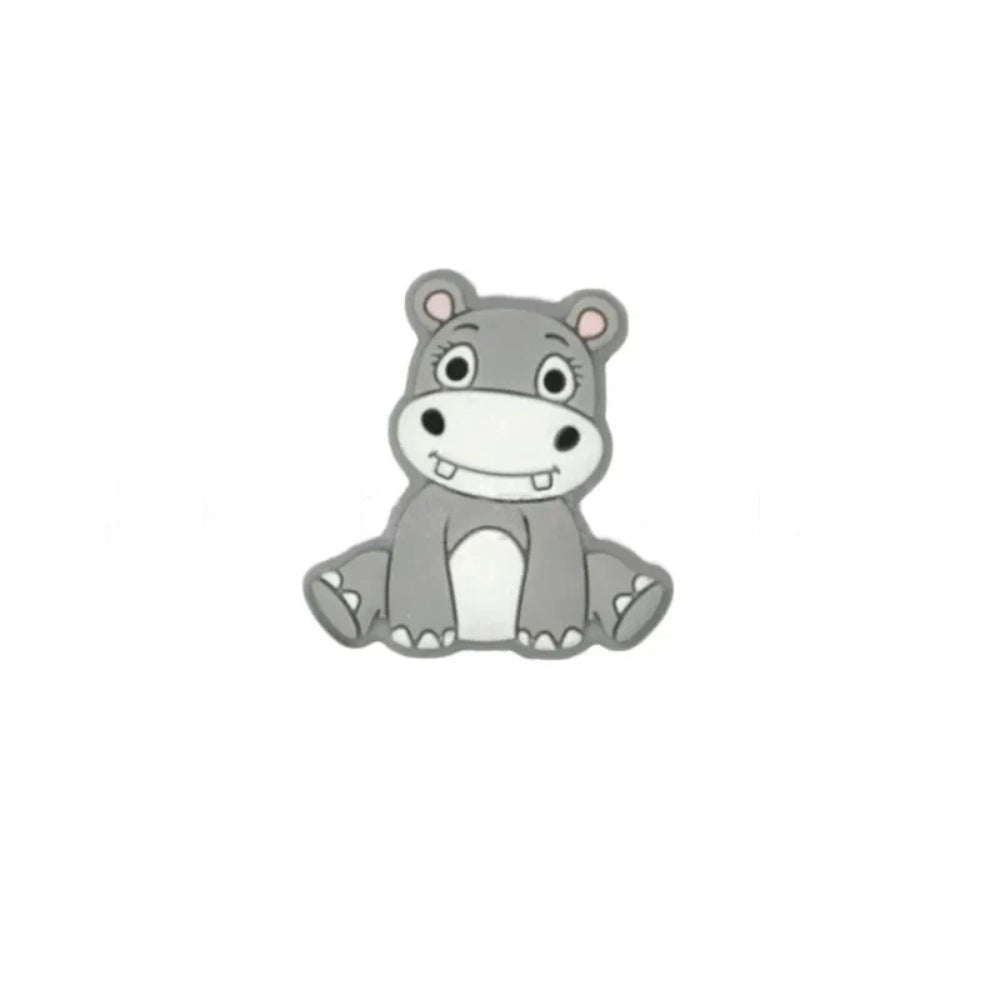 Six cartoon hippo silicone focal beads in blue, mint green, purple, dark gray, light gray, and pink, shown in a 2x3 grid on white background. - Light Gray