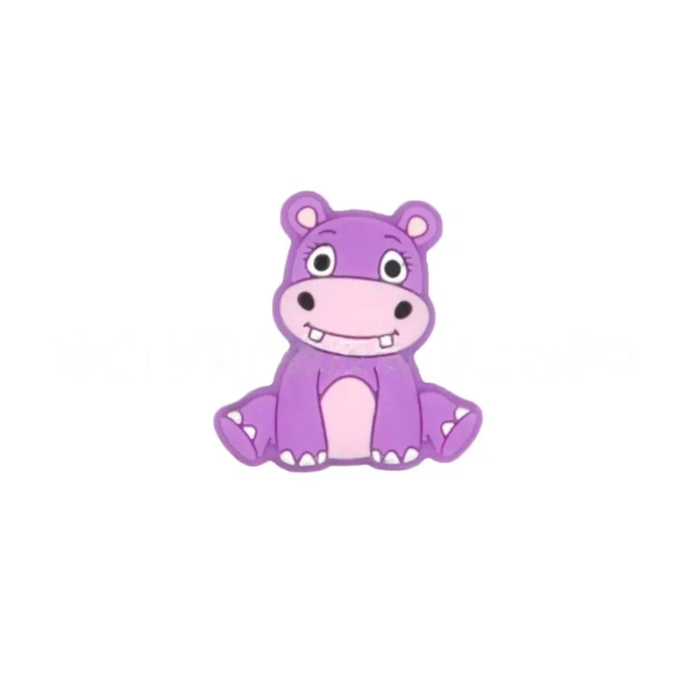 Six cartoon hippo silicone focal beads in blue, mint green, purple, dark gray, light gray, and pink, shown in a 2x3 grid on white background. - Purple