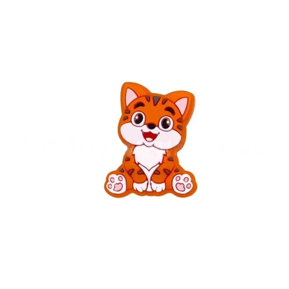 Nine colorful cartoon kitten cat silicone focal beads shown in blue, orange, mint, gray, tan, yellow, pink, dark gray, and brown on white background. - Orange