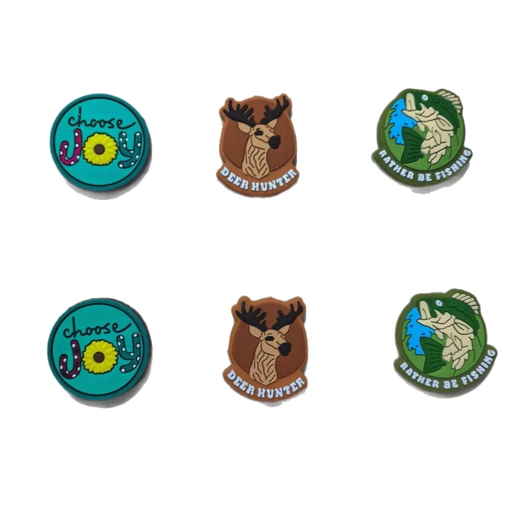 Set of six silicone focal beads featuring Choose Joy sunflower, Deer Hunter buck mount, and Rather Be Fishing bass designs in teal, brown, and green colorways.