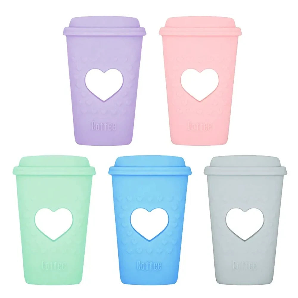 Five pastel silicone coffee cup focal beads with heart cutout design in purple, pink, mint, blue, and gray, labeled Coffee, for DIY beadable pens and keychains.