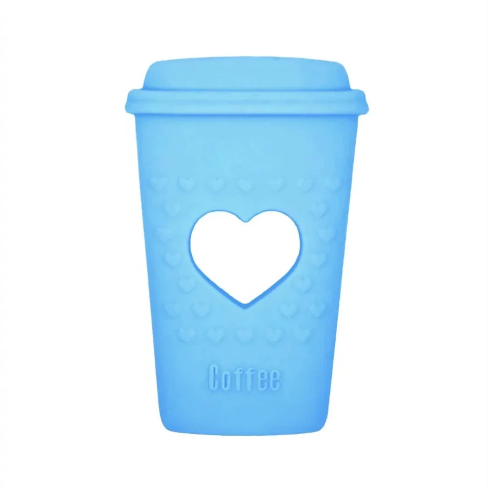 Five pastel silicone coffee cup focal beads with heart cutout design in purple, pink, mint, blue, and gray, labeled Coffee, for DIY beadable pens and keychains. - Blue