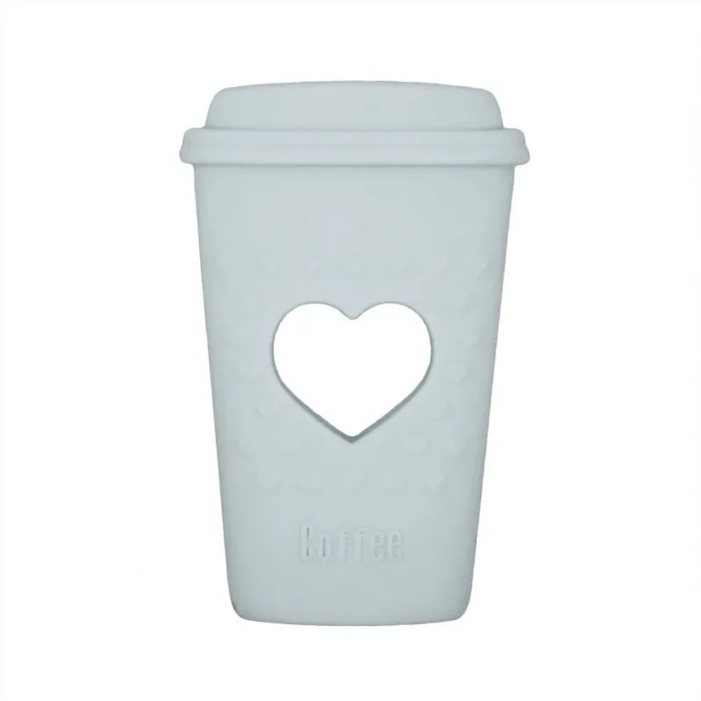 Five pastel silicone coffee cup focal beads with heart cutout design in purple, pink, mint, blue, and gray, labeled Coffee, for DIY beadable pens and keychains. - Gray