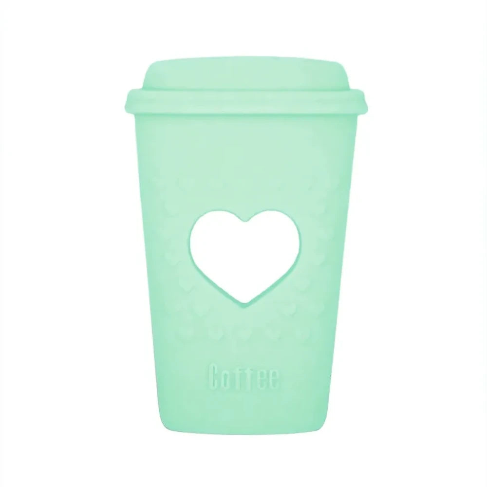 Five pastel silicone coffee cup focal beads with heart cutout design in purple, pink, mint, blue, and gray, labeled Coffee, for DIY beadable pens and keychains. - Green