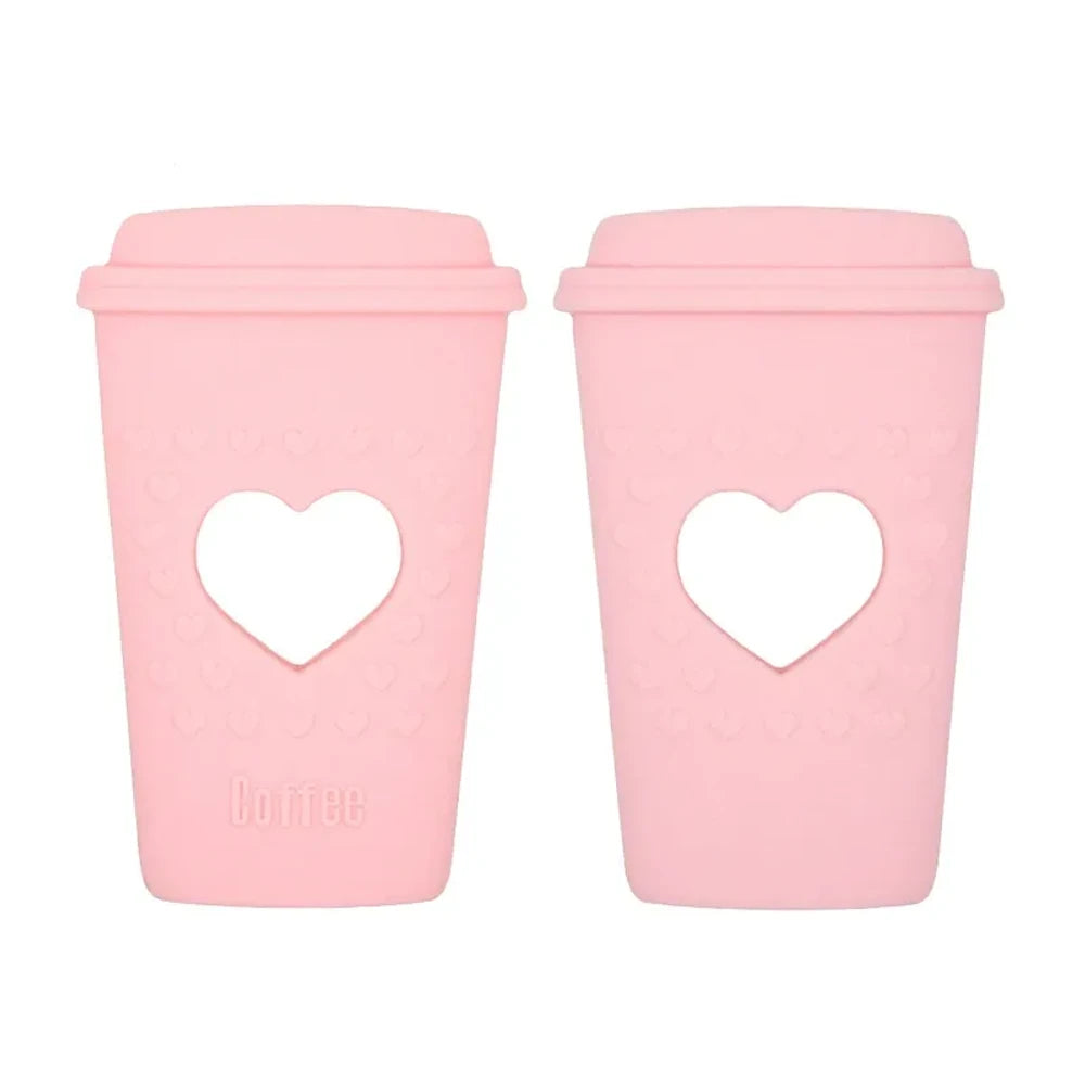 Five pastel silicone coffee cup focal beads with heart cutout design in purple, pink, mint, blue, and gray, labeled Coffee, for DIY beadable pens and keychains. - Pink