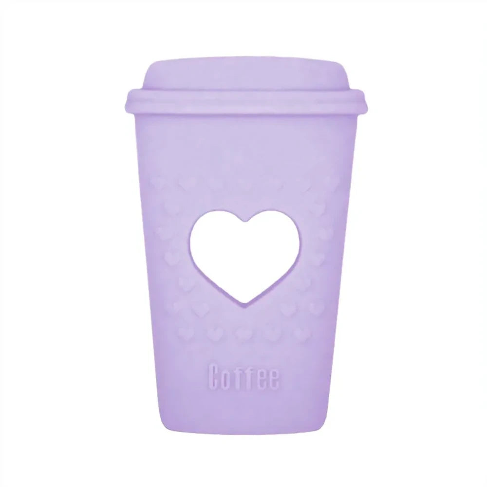 Five pastel silicone coffee cup focal beads with heart cutout design in purple, pink, mint, blue, and gray, labeled Coffee, for DIY beadable pens and keychains. - Purple