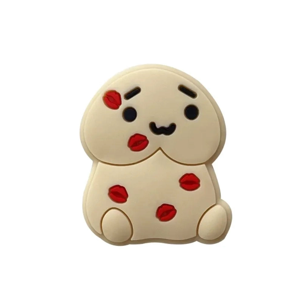 Seven silicone cookie bear focal beads in dark chocolate, milk chocolate, cream, and vanilla shades with red coffee bean accents and kawaii faces, displayed on a wooden tray and beige surface - 3