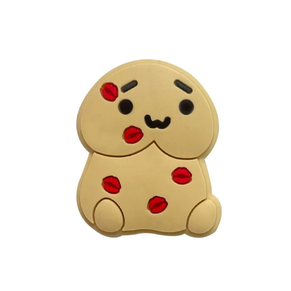 Seven silicone cookie bear focal beads in dark chocolate, milk chocolate, cream, and vanilla shades with red coffee bean accents and kawaii faces, displayed on a wooden tray and beige surface - 4