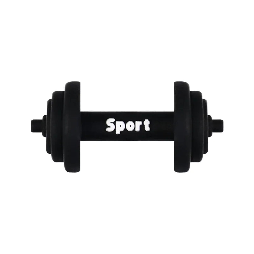 Assorted gym fitness silicone focal beads including red and black dumbbells, yellow kettlebells, purple sport bottles, and yoga roller designs for DIY beadable pens and keychains - Barbell