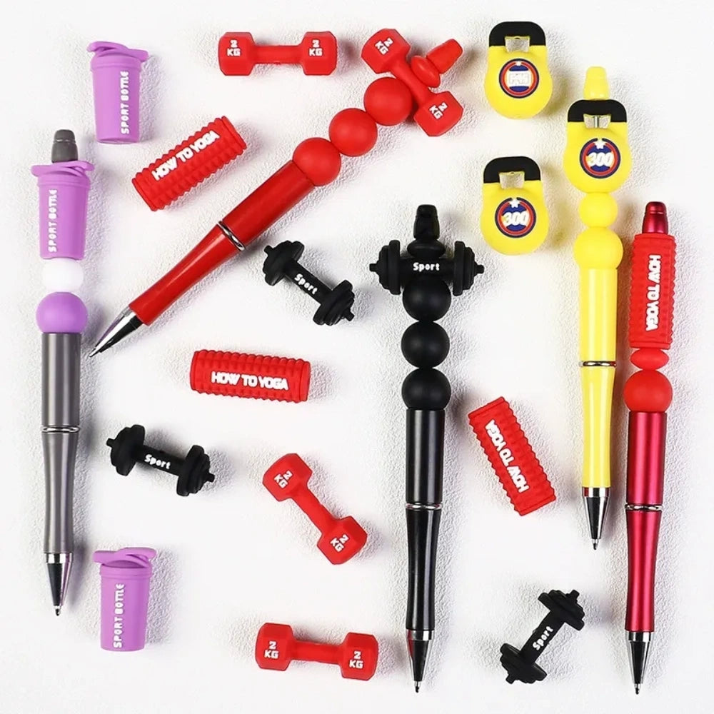 Assorted gym fitness silicone focal beads including red and black dumbbells, yellow kettlebells, purple sport bottles, and yoga roller designs for DIY beadable pens and keychains - Random Mixed