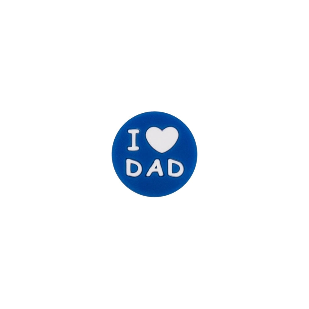 Assorted colorful round silicone focal beads with I Love Mom and I Love Dad heart text in pink, blue, navy, gray, hot pink, and red colors for DIY crafts. - Dark Blue