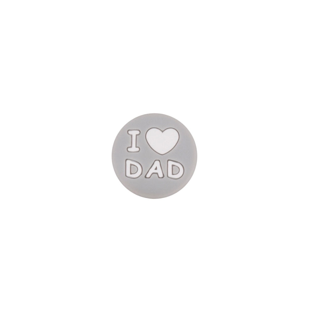 Assorted colorful round silicone focal beads with I Love Mom and I Love Dad heart text in pink, blue, navy, gray, hot pink, and red colors for DIY crafts. - Light Gray