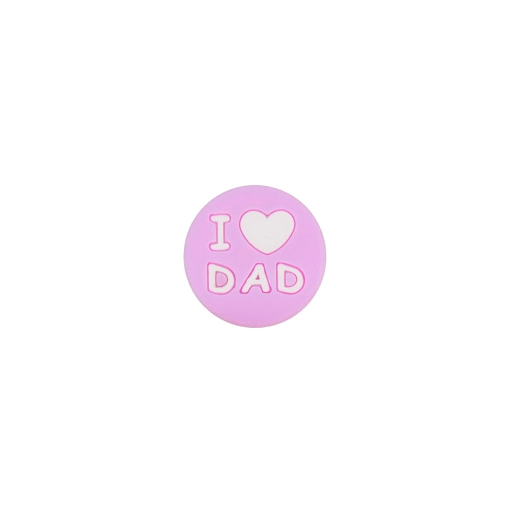 Assorted colorful round silicone focal beads with I Love Mom and I Love Dad heart text in pink, blue, navy, gray, hot pink, and red colors for DIY crafts. - Light Pink