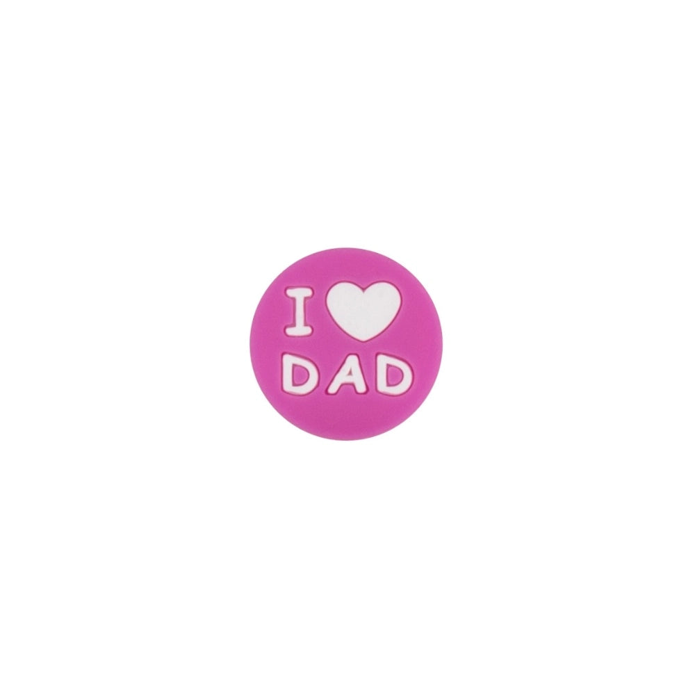 Assorted colorful round silicone focal beads with I Love Mom and I Love Dad heart text in pink, blue, navy, gray, hot pink, and red colors for DIY crafts. - Purple Red