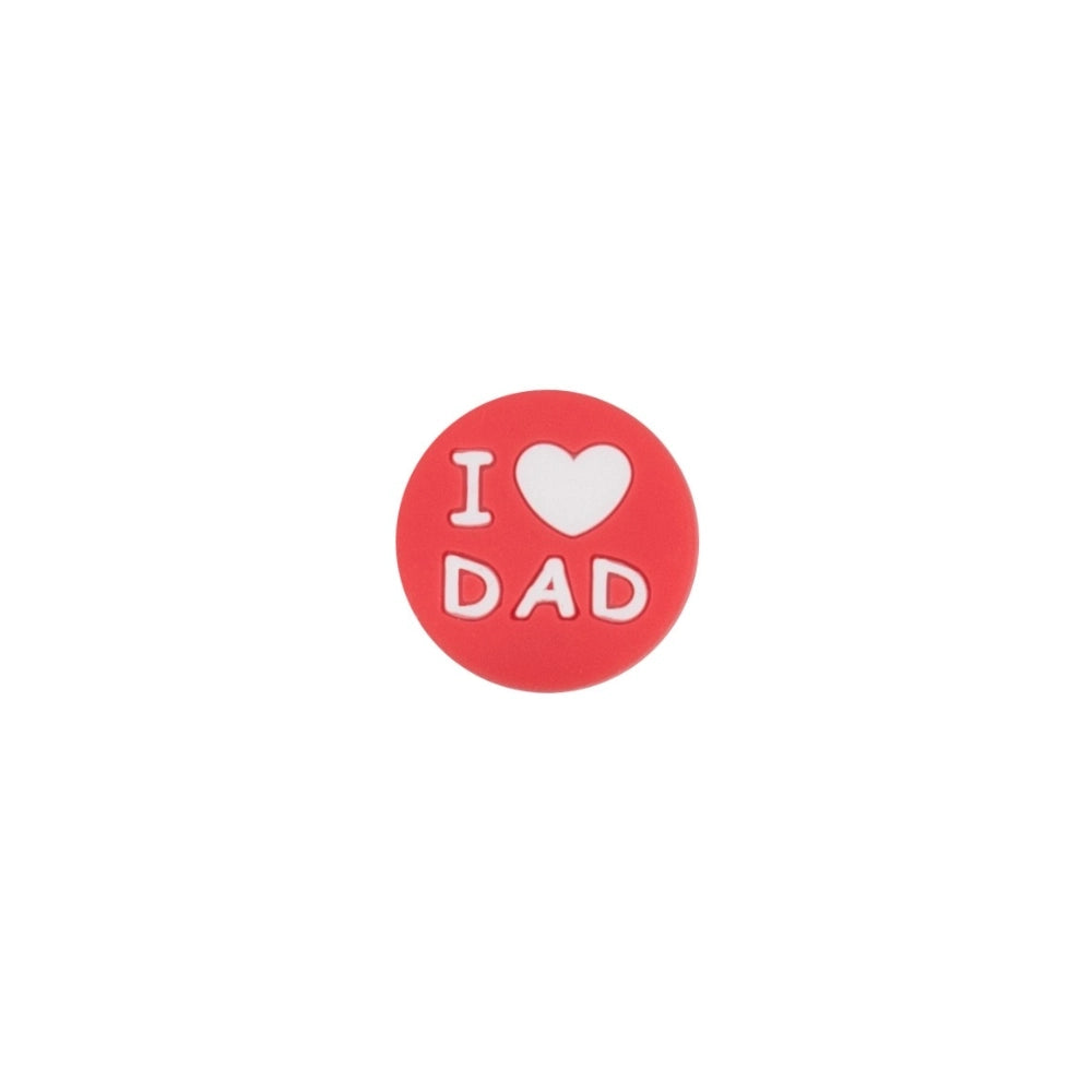 Assorted colorful round silicone focal beads with I Love Mom and I Love Dad heart text in pink, blue, navy, gray, hot pink, and red colors for DIY crafts. - Red