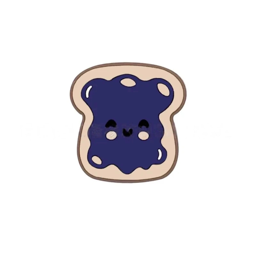 Five kawaii toast spread silicone focal beads in chocolate, pink jam, red jam, grape jam, and peanut butter designs, displayed on colorful beadable pens against a pink background. - Blue