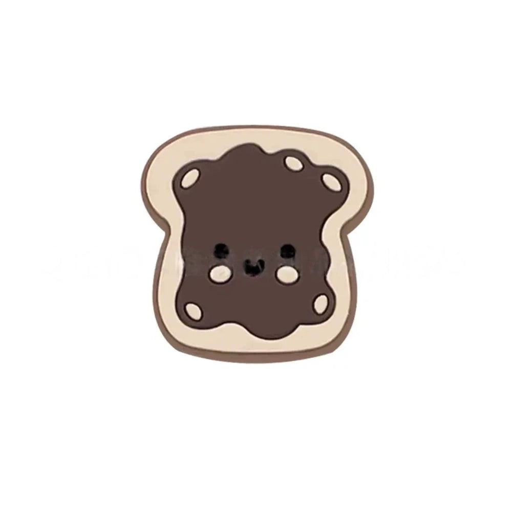 Five kawaii toast spread silicone focal beads in chocolate, pink jam, red jam, grape jam, and peanut butter designs, displayed on colorful beadable pens against a pink background. - Coffee