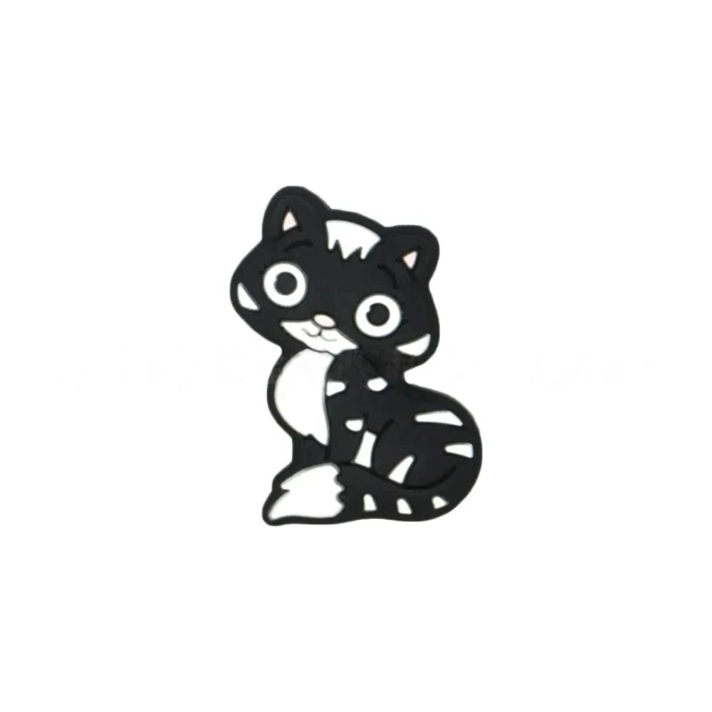 Set of 6 cartoon kitten cat silicone focal beads in orange, gray, blue, pink, brown, and black colorways with stripe tabby pattern detail on white background - 1