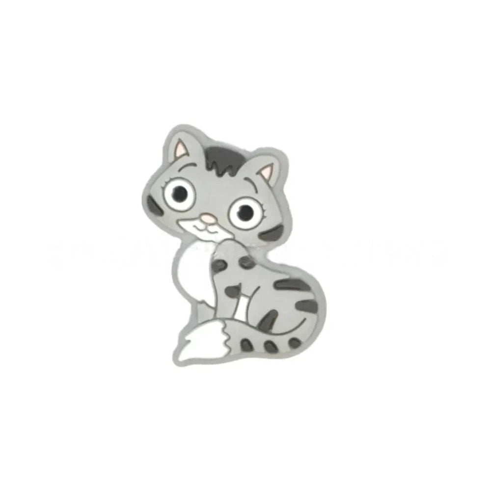 Set of 6 cartoon kitten cat silicone focal beads in orange, gray, blue, pink, brown, and black colorways with stripe tabby pattern detail on white background - 2