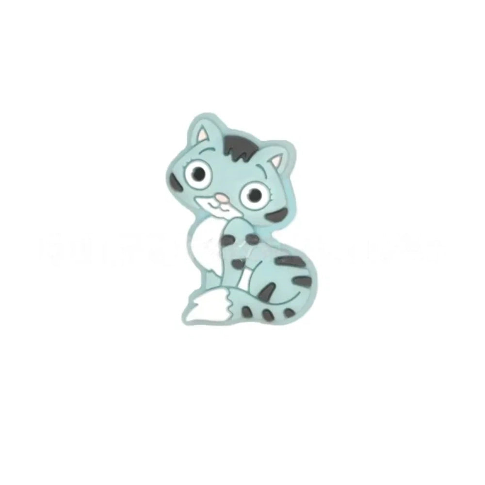 Set of 6 cartoon kitten cat silicone focal beads in orange, gray, blue, pink, brown, and black colorways with stripe tabby pattern detail on white background - 4