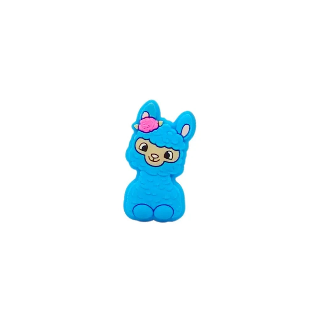 Ten colorful silicone llama alpaca focal beads in white, pink, light pink, cream, peach, green, gray, yellow, blue, and dark brown, displayed in two rows on a white background. - Blue