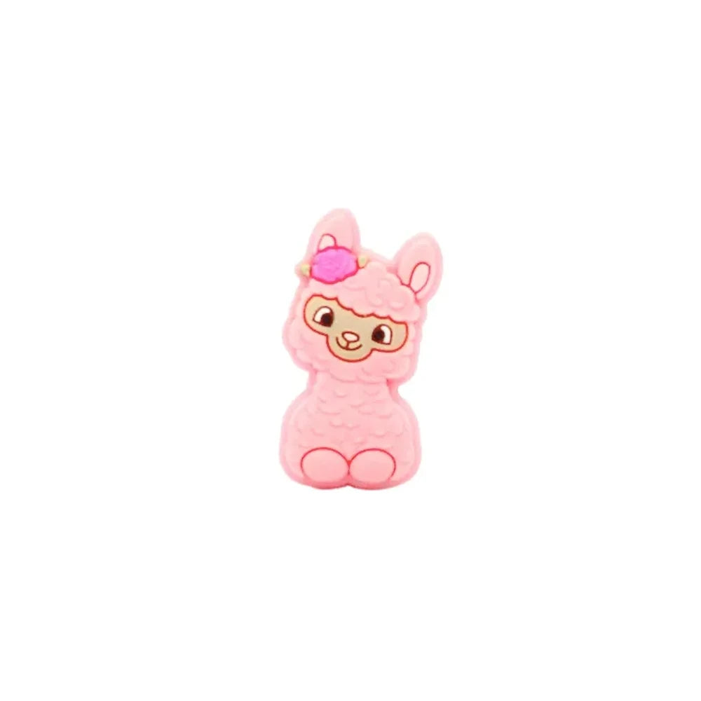 Ten colorful silicone llama alpaca focal beads in white, pink, light pink, cream, peach, green, gray, yellow, blue, and dark brown, displayed in two rows on a white background. - Candy Pink